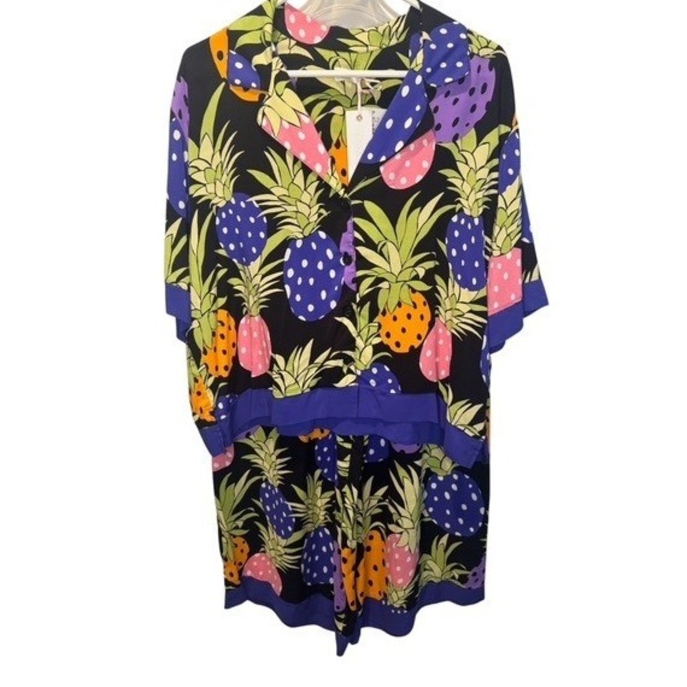 Beauty Sleep Social Womens Black Colorful Pineapple Wide Leg Pajama Set XL NEW